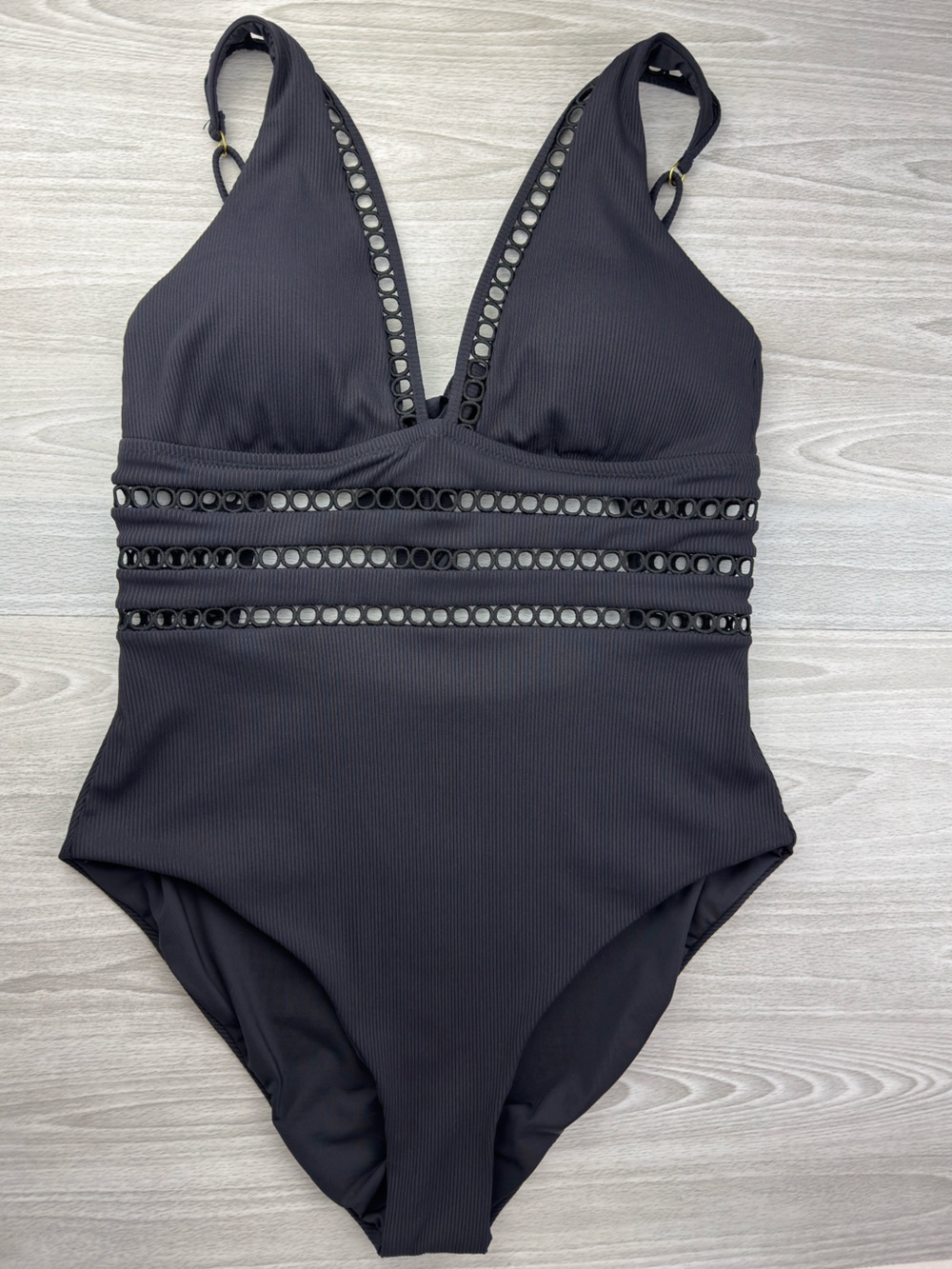 Becca Modern Edge Toni Plunge One Piece Swimsuit Black Ribbed Eyelet Size Large - Picture 7 of 13